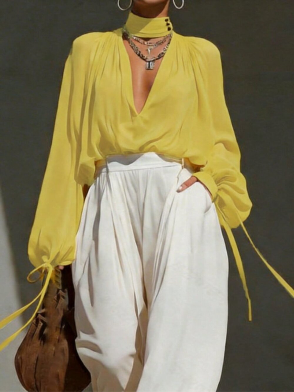 Yellow Casual Women's V-Neck Blouse